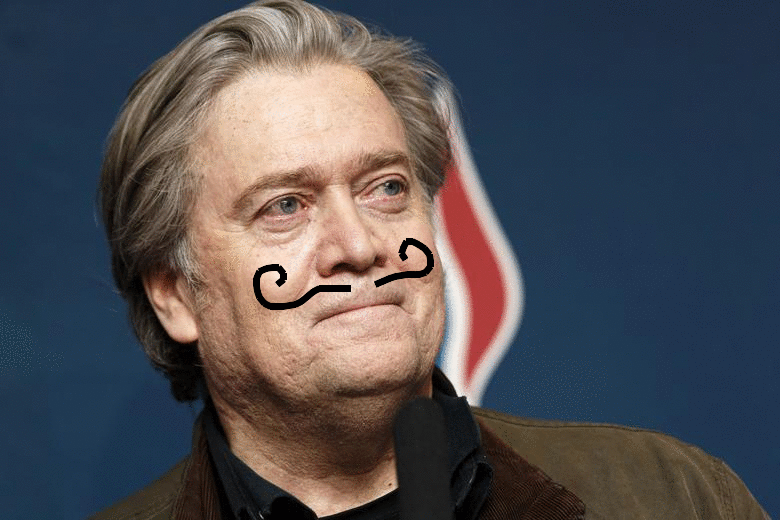 A photo of Steve Bannon with a crudely drawn, black, curly mustache on his face.